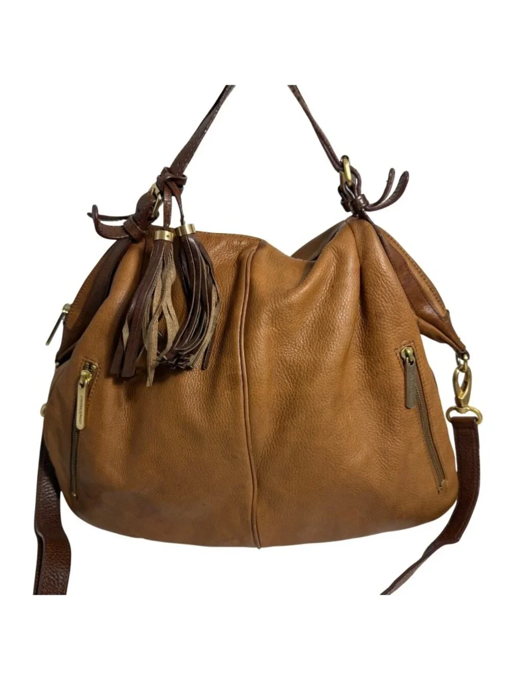Cynthia Rowley Tan Leather Shoulder Bag + Adjust Strap Zipper Pockets + Tassel